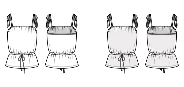 Bavlněný dres camisole technické módní ilustrace s poutacími popruhy, stahovací šňůrka pas, délka tuniky. nahoru — Stockový vektor