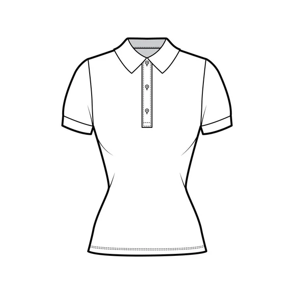 ポロシャツテクニカルファッションイラスト:コットンジャージーショートスリーブ、クローズフィット、フロントイヤーに沿ったボタン — ストックベクタ