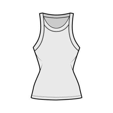 Pamuk-formalı yarışçı-sırt tankı teknik moda illüstrasyonu, geniş yakalı. Düz giyim cami