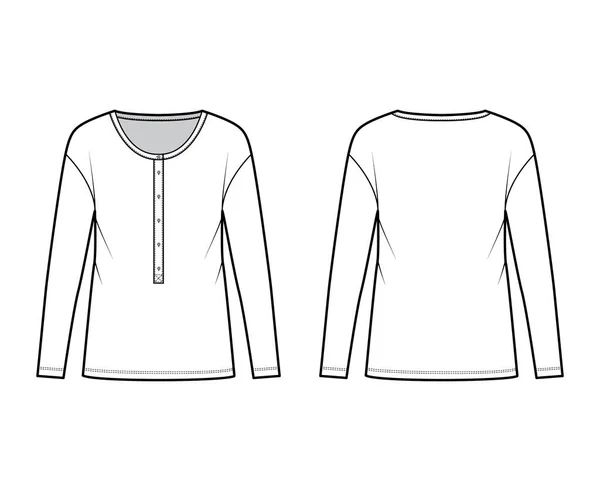 Klassischer Herren-Stil Baumwolle-Jersey Top technische Mode Illustration mit langen Ärmeln, Schaufel Henley Ausschnitt Shirt — Stockvektor