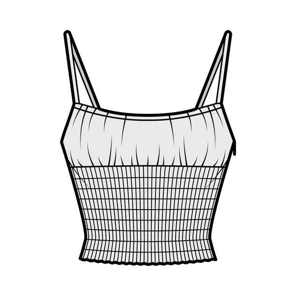 Ilustración de moda técnica superior Shirred con cuello redondo cami, correas de hombro ajustables, elásticas en la cintura — Vector de stock