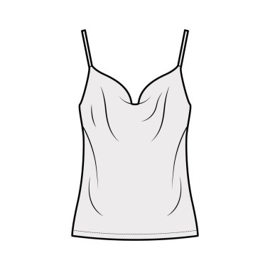 Camisole Teknik Moda İllüstrasyonu, klasik moda yaka, rahat formda, tunik uzunluklu uzun giyim tankı