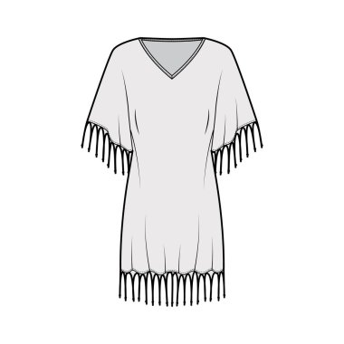 Pürüzlü kaftan elbise, V yakalı, dirsek kollu, dizlerinin üstünde teknik tasvirler.