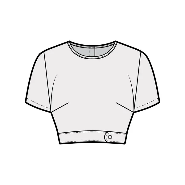 Unter der Brust Crop Top technische Mode Illustration mit schlanker Passform, Rundhalsausschnitt, Rücken Knopfverschlüsse, kurze Ärmel. — Stockvektor