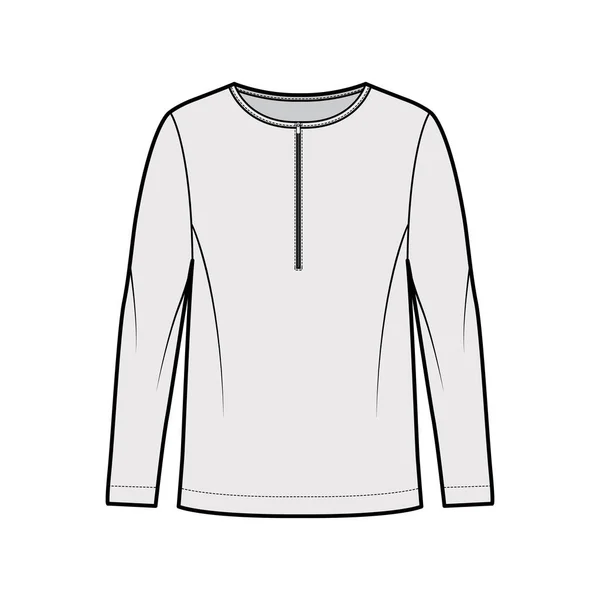 Mens stile cotone-jersey top illustrazione tecnica di moda con maniche lunghe, scoop scollatura henley con zip in forma sciolto — Vettoriale Stock