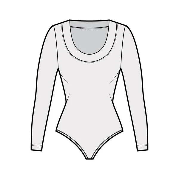 Bodysuit illustration de mode technique avec encolure écaillée, manches longues, culottes couvrantes moyennes tenues une pièce — Image vectorielle