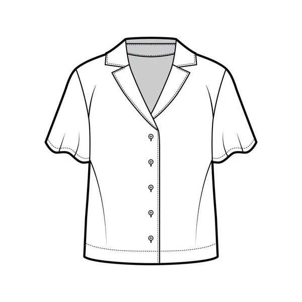 Camisa técnica de moda ilustração com colarinho de acampamento retro ajuste relaxado, fechos de botão frontal, mangas de círculo curto —  Vetores de Stock