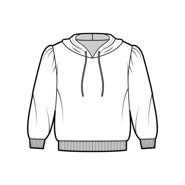 Περικοπή βαμβάκι-φανέλα hoodie τεχνική εικόνα μόδας με χαλαρή εφαρμογή, φουσκωτά ώμους, μανίκια αγκώνα ραβδώσεις διακοσμητικά — Διανυσματικό Αρχείο