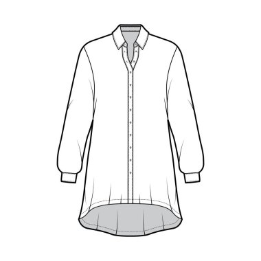 Uzun kollu, normal yakalı, yüksek-alçak kenarlı, düğmeli, geniş tişörtlü, teknik moda çizimi.