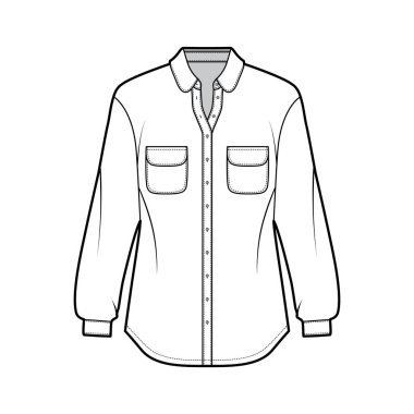 Yuvarlak cepli, yakalı, uzun kollu, düğmeli klasik gömlek teknik tasviri.