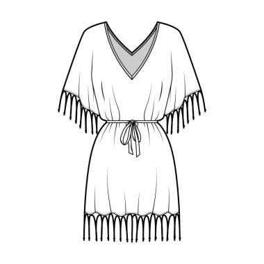 Pürüzlü kaftan elbise teknik tasviri V yakalı, dirsek kollu, diz üstü, büyük boy.