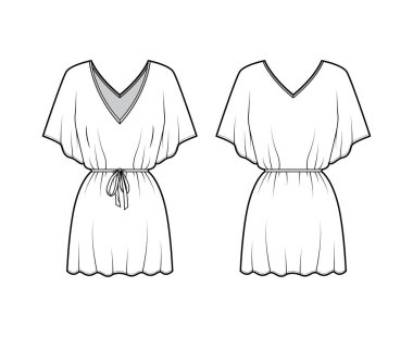 Kaftan elbise teknik tasviri V yakalı, dirsek kollu, diz üstü, büyük boy.