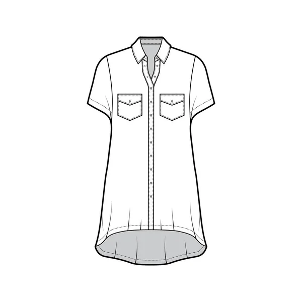 Oversized shirt dress technical fashion illustration with angled pockets, short sleeves, regular collar, high-low hem. — Stock Vector