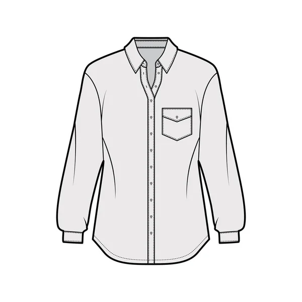 Ilustración de moda técnica de camisa clásica con bolsillo en ángulo, mangas largas, ajuste relajante, cierre de botón delantero — Vector de stock