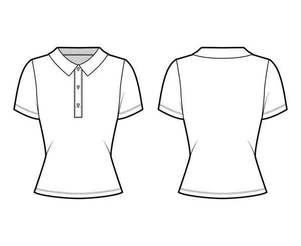 Polo de moda técnica ilustración con mangas cortas de algodón-jersey, cuerpo ajustado, botones a lo largo de la ropa interior delantera — Vector de stock