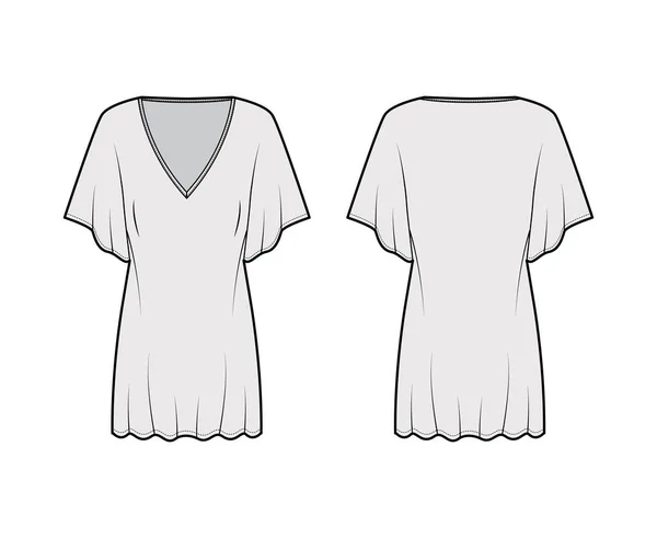 Кафтан платье техническая мода иллюстрация с V-образный вырез, локтевой рукав, выше колена длиной, негабаритные — стоковый вектор