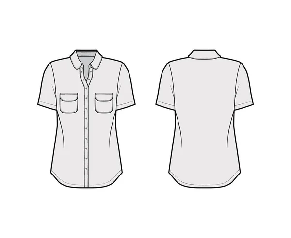 Chemise classique illustration de mode technique avec poches et col arrondis, manches courtes, fermeture par bouton avant — Image vectorielle