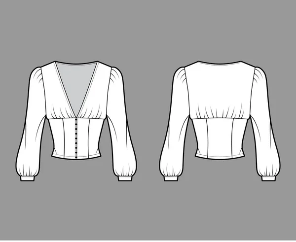 Cropped top illustration de mode technique avec manches longues évêque, épaules gonflées, fermeture par bouton avant. — Image vectorielle