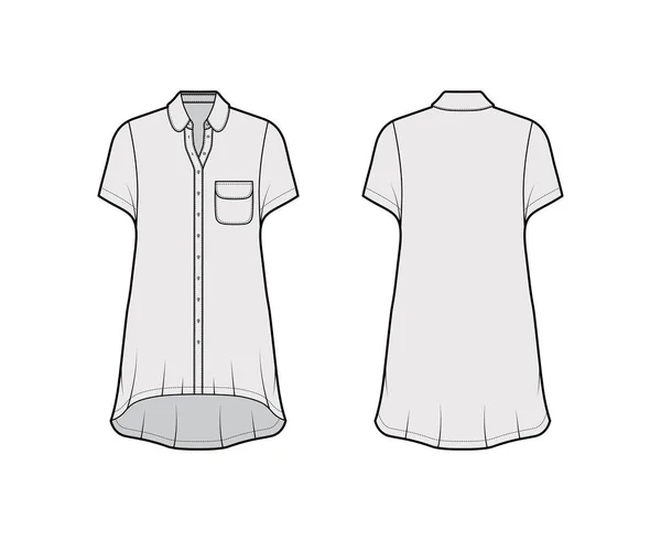 Vestido de camisa sobredimensionado ilustración técnica de moda con bolsillo redondeado y cuello, mangas cortas, dobladillo alto-bajo — Vector de stock