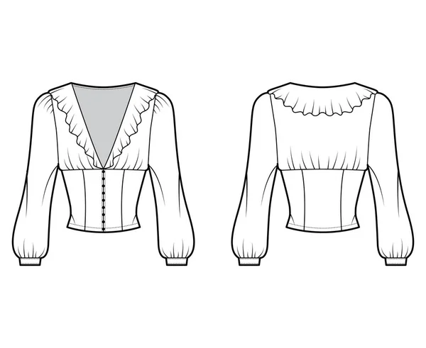 Обрізана обрізана блузка технічна ілюстрація моди з довгими єпископськими рукавами, пухкими плечима передніми кнопочками — стоковий вектор
