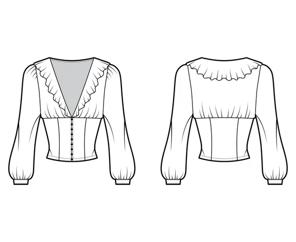 Gekräuselte Bluse technische Modeillustration mit langen Bischofsärmeln, gepuffte Schultern vordere Knopfverschlüsse — Stockvektor