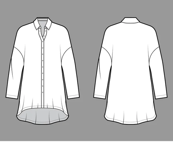 Vestido de camisa sobredimensionado ilustración técnica de moda con mangas largas, cuello regular, hombros caídos, dobladillo alto-bajo — Archivo Imágenes Vectoriales