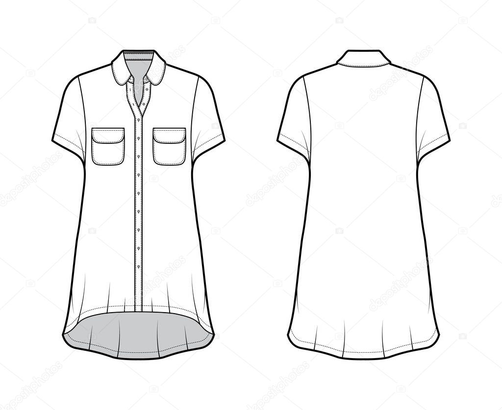 Oversized shirt dress technical fashion illustration with rounded pockets and collar, short sleeves, high-low hem