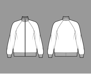 Uzun kollu, uzun kollu, pamuk formalı, raglalı, pirzola desenli, teknik moda illüstrasyonlu bir tişört. Düz 