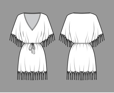 Pürüzlü kaftan elbise teknik tasviri V yakalı, dirsek kollu, diz üstü, büyük boy.