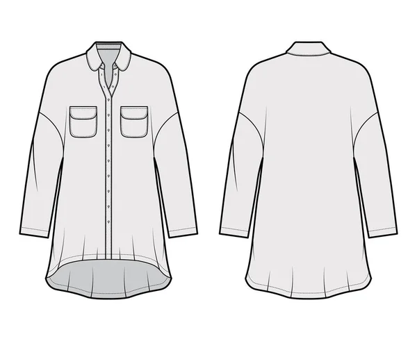 Vestido de camisa de grandes dimensões ilustração de moda técnica com bolsos arredondados e colar, mangas compridas, ombros caídos —  Vetores de Stock