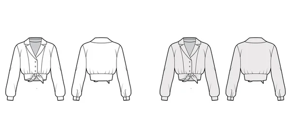 Camisa de corbata delantera recortada ilustración técnica de moda con cuello de campamento, mangas largas con puño, sujeciones de botón delantero — Vector de stock