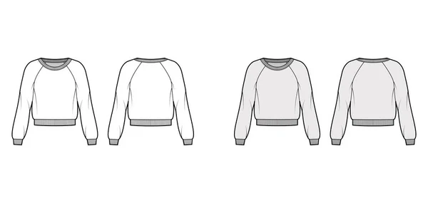 Katoen-badstof sweatshirt technische mode illustratie met ontspannen pasvorm, primeur halslijn, lange raglan mouwen geribbelde trim — Stockvector