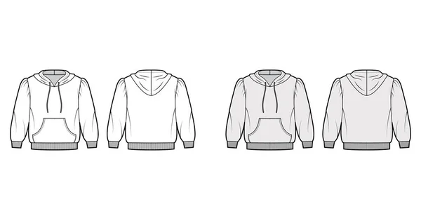 Περικοπή βαμβάκι-φανέλα hoodie τεχνική εικόνα μόδας με χαλαρή εφαρμογή, φουσκωτά ώμους, μανίκια αγκώνα μπροστά τσέπη — Διανυσματικό Αρχείο