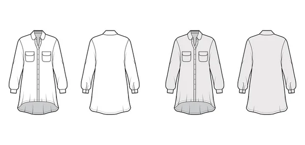 Vestido de camisa sobredimensionado ilustración técnica de moda con bolsillos redondeados y cuello, mangas largas, dobladillo alto-bajo — Vector de stock