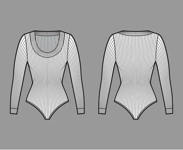 Ribbed-knit body technicznych ilustracji mody z nabieranym dekoltem, długie rękawy, krótkie spodenki pokrycia — Wektor stockowy