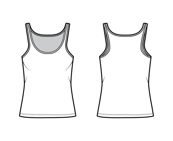 Cotton-jersey tank τεχνική απεικόνιση μόδας με σέσουλα λαιμό, χαλαρή εφαρμογή, μήκος χιτώνα. Επίπεδη φούστα καμισόλ — Διανυσματικό Αρχείο