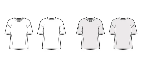 T-Shirt aus Baumwolle-Jersey mit technischer Modenabbildung mit Rundhalsausschnitt, Ellenbogenärmeln, Übergröße, abgesenkte Schultern — Stockvektor