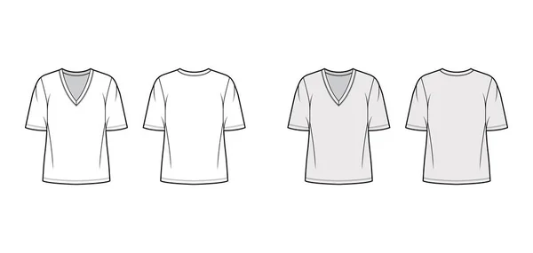 Cotton-jersey t-shirt τεχνική απεικόνιση μόδας με βυθίζοντας V-ντεκολτέ, μανίκια αγκώνα, μήκος χιτώνα, υπερμεγέθης — Διανυσματικό Αρχείο