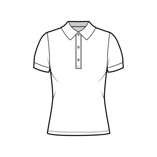 Pamuk-formalı, kısa kollu, büyük bedenli, ön taraftaki düğmeli polo tişörtlü moda illüsü. — Stok Vektör