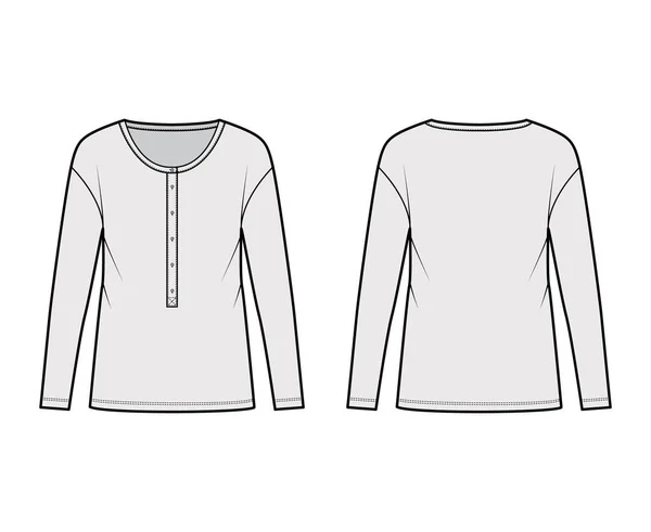 Klassisk mens stil bomull-jersey topp teknisk mode illustration med långa ärmar, scoop henley halsringning skjorta — Stock vektor