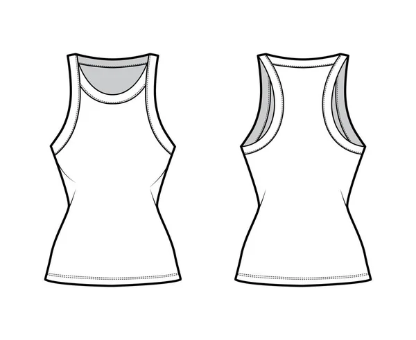 Algodón-jersey corredor-espalda tanque ilustración técnica de moda con cuerpo ajustado, escote amplio cucharada. Ropa interior plana cami — Vector de stock