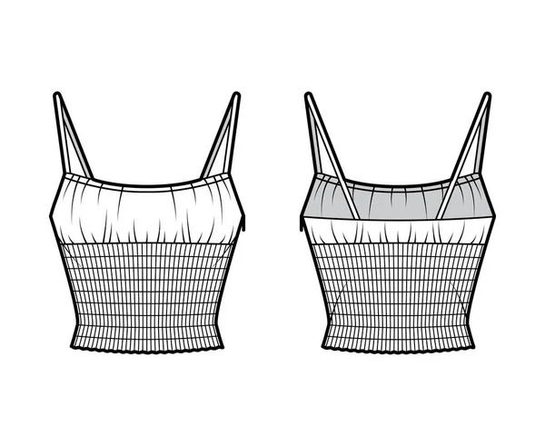 Shirred top técnica moda ilustração com colher pescoço cami, alças ajustáveis, elástico na cintura —  Vetores de Stock