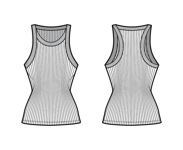 Ribbed racer-back algodón-jersey tanque técnica ilustración de moda con cuello redondo ancho, cuerpo de punto ajustado, longitud de la túnica — Vector de stock