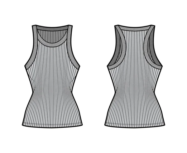 Ribbed racer-back algodão-jersey tank ilustração de moda técnica com pescoço largo colher, corpo de malha equipado, comprimento túnica — Vetor de Stock