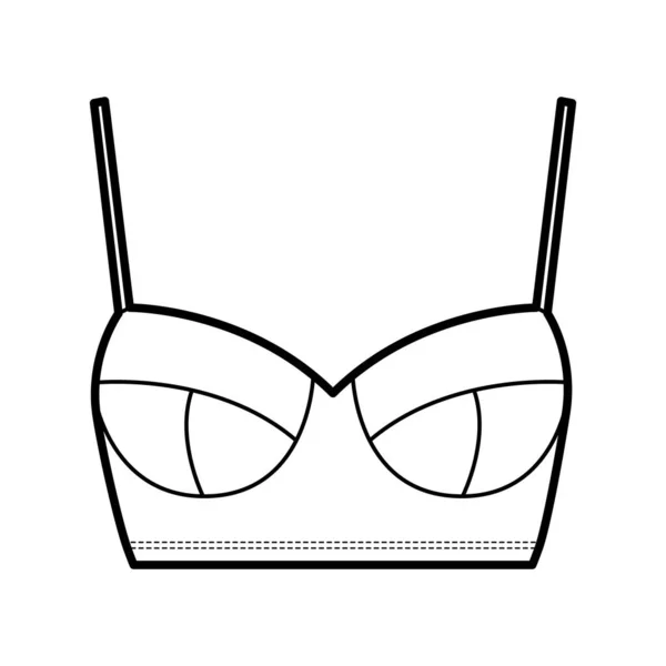 Bustier top technische mode illustratie met bijgesneden lengte, gegoten cups, spaghetti bandjes Flat bra badmode lingerie — Stockvector