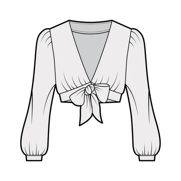 Tie-front cropped shirt technical fashion illustration with voluminous long sleeves, plunging neckline. Flat blouse — Stock Vector