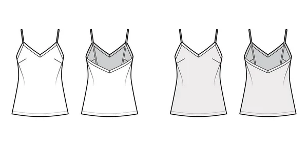 Camisole ilustracja mody technicznej z V-neck, paski spaghetti, zrelaksowany fit, długość tuniki. Płaski zbiornik na bieliznę — Wektor stockowy