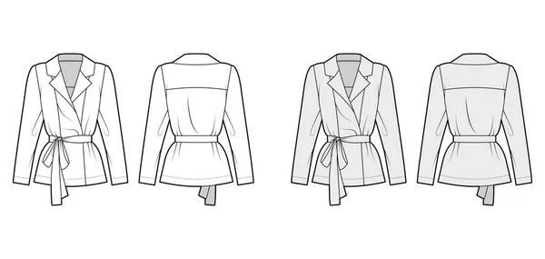 Camicia doppiopetto cintura avvolgente tecnica illustrazione di moda con collo a punta aderente rilassato, maniche lunghe — Vettoriale Stock