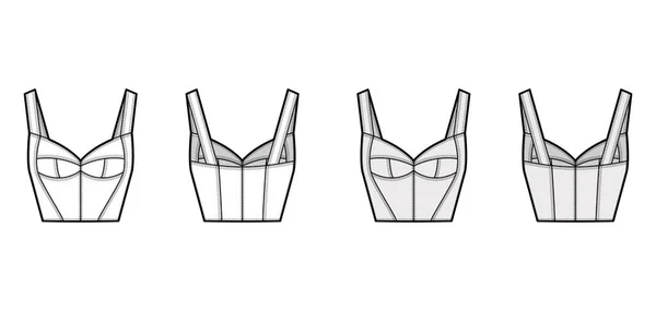 Bustier-Top technische Mode Illustration mit Korsett-Stil Silhouette, geformte Cups, enge Passform, Reißverschluss hinten — Stockvektor