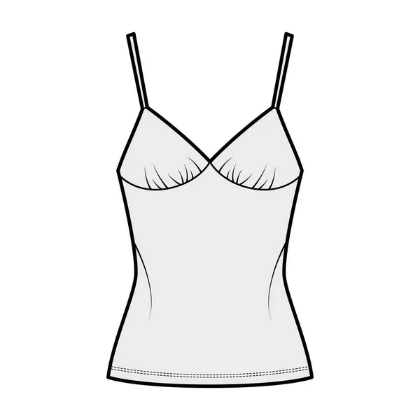 Camisole slip top illustration de mode technique avec col en amoureux, bretelles, coupe slim, ourlet allongé Débardeur plat — Image vectorielle